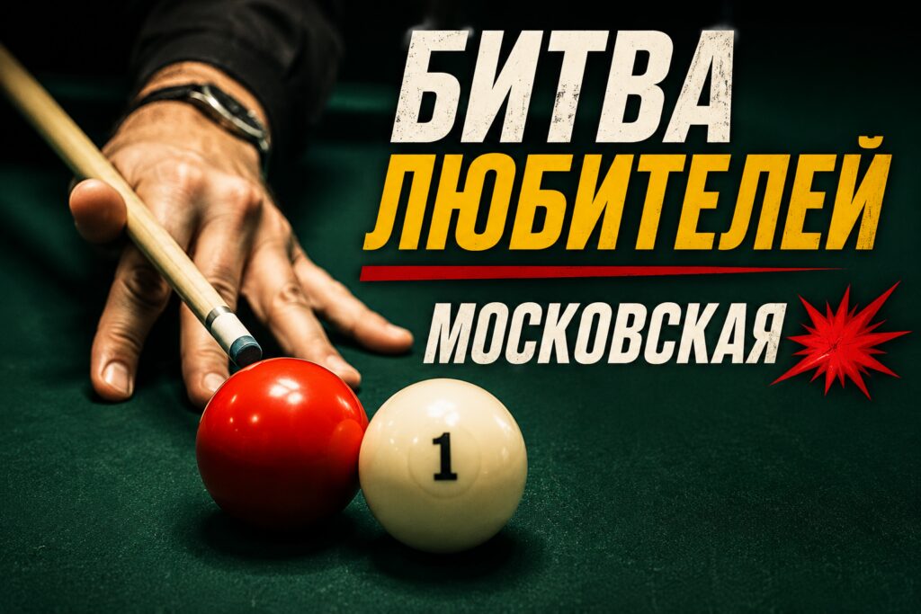 два бильярдный шара по которым бьет кий и надпись битва любителей